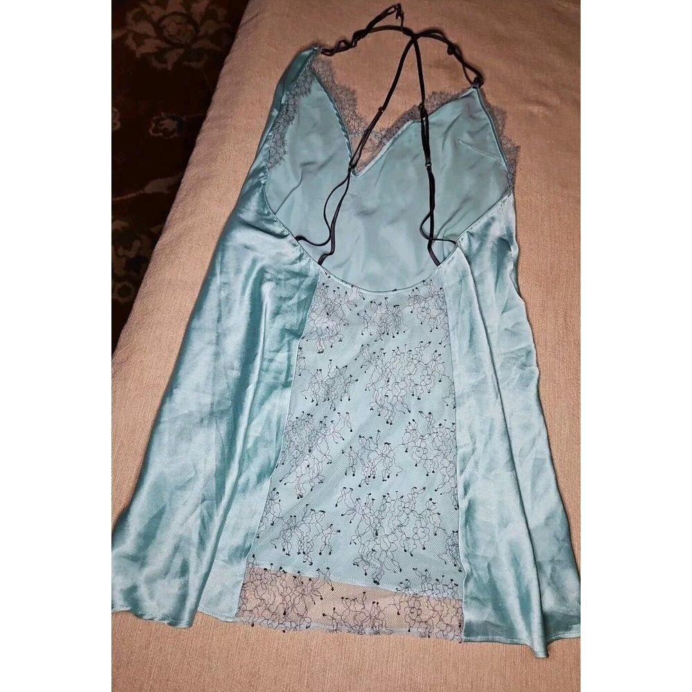 Victorias Secret Chemise Sheer Teal Nightie SEE THRU LACE BACK Nightgown Y2K Lg
